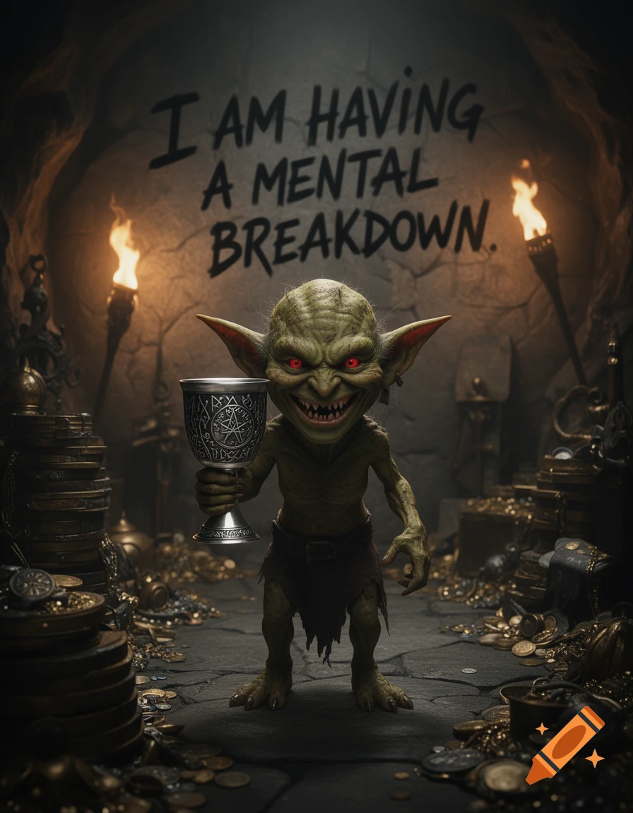 A grinning, green goblin with glowing red eyes holds a silver goblet, standing in a treasure-filled cave. The text "I AM HAVING A MENTAL BREAKDOWN." is painted on the wall behind it.