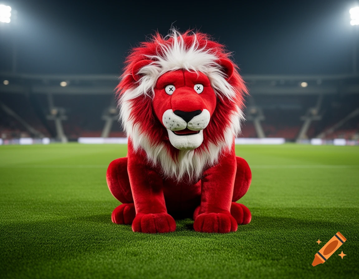 A red lion plush mascot with wild white hair and crossed-out eyes sits on a football field under stadium lights.