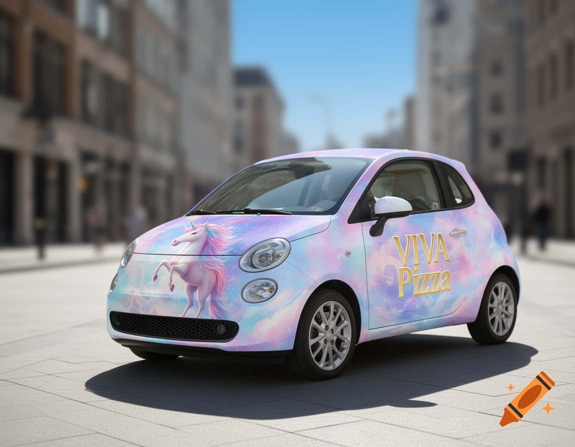 A small car in a pastel rainbow unicorn wrap, with a unicorn on the hood and 'VIVA Pizza' on the side, parked on a city street.