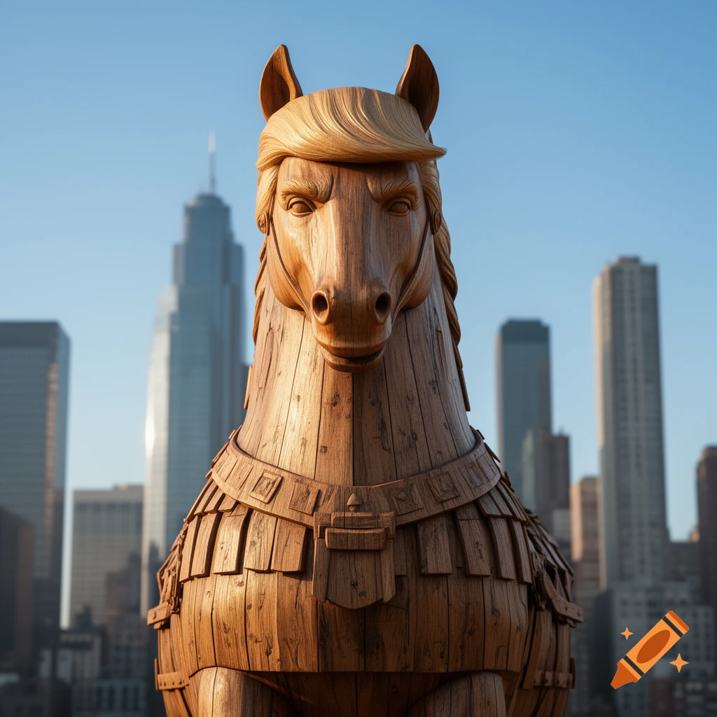 Photorealistic wooden Trojan horse statue with hair styled like Donald Trump, set against a modern city skyline under a clear blue sky.