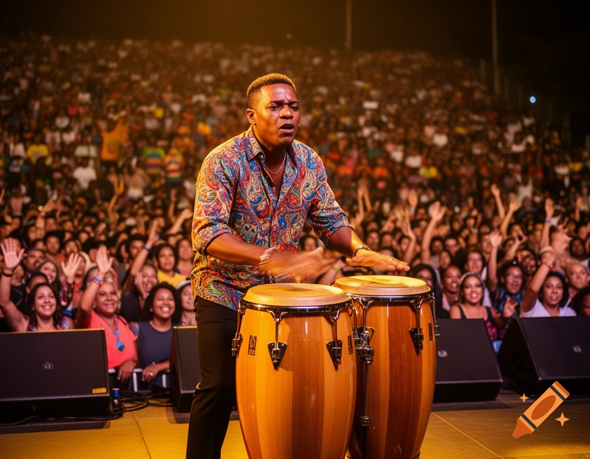 A man in a colorful shirt plays conga drums on stage, illuminated by spotlights, in front of a cheering crowd at a night concert.