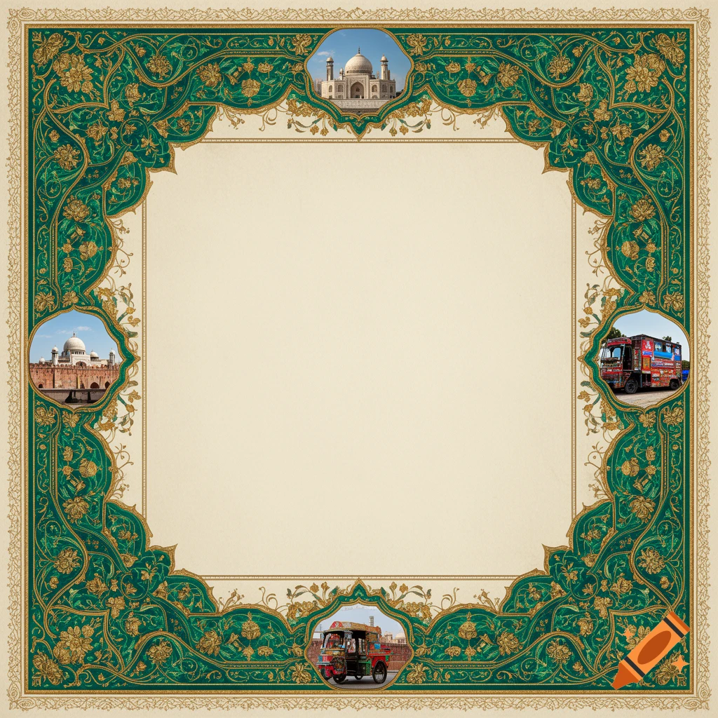 Ornate green and gold border with intricate floral patterns framing a blank center, featuring inset images of the Taj Mahal, Badshahi Mosque, a colorful truck, and an auto-rickshaw.