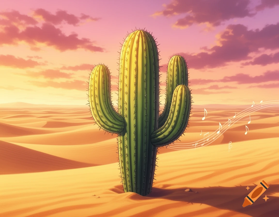 Anime-style green cactus in a desert at sunset with musical notes floating around.