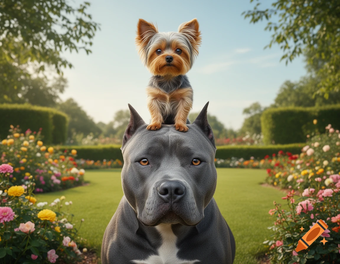 A small fluffy Yorkie dog stands squarely on the head of a large gray Pit Bull in a sunny garden filled with blooming flowers.