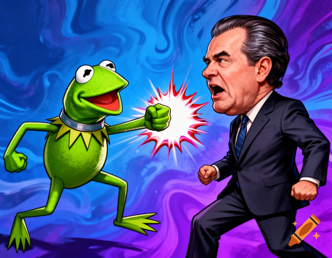 Kermit the Frog punches a caricature of Richard Nixon, both characters in an action pose against a vibrant, swirling background.
