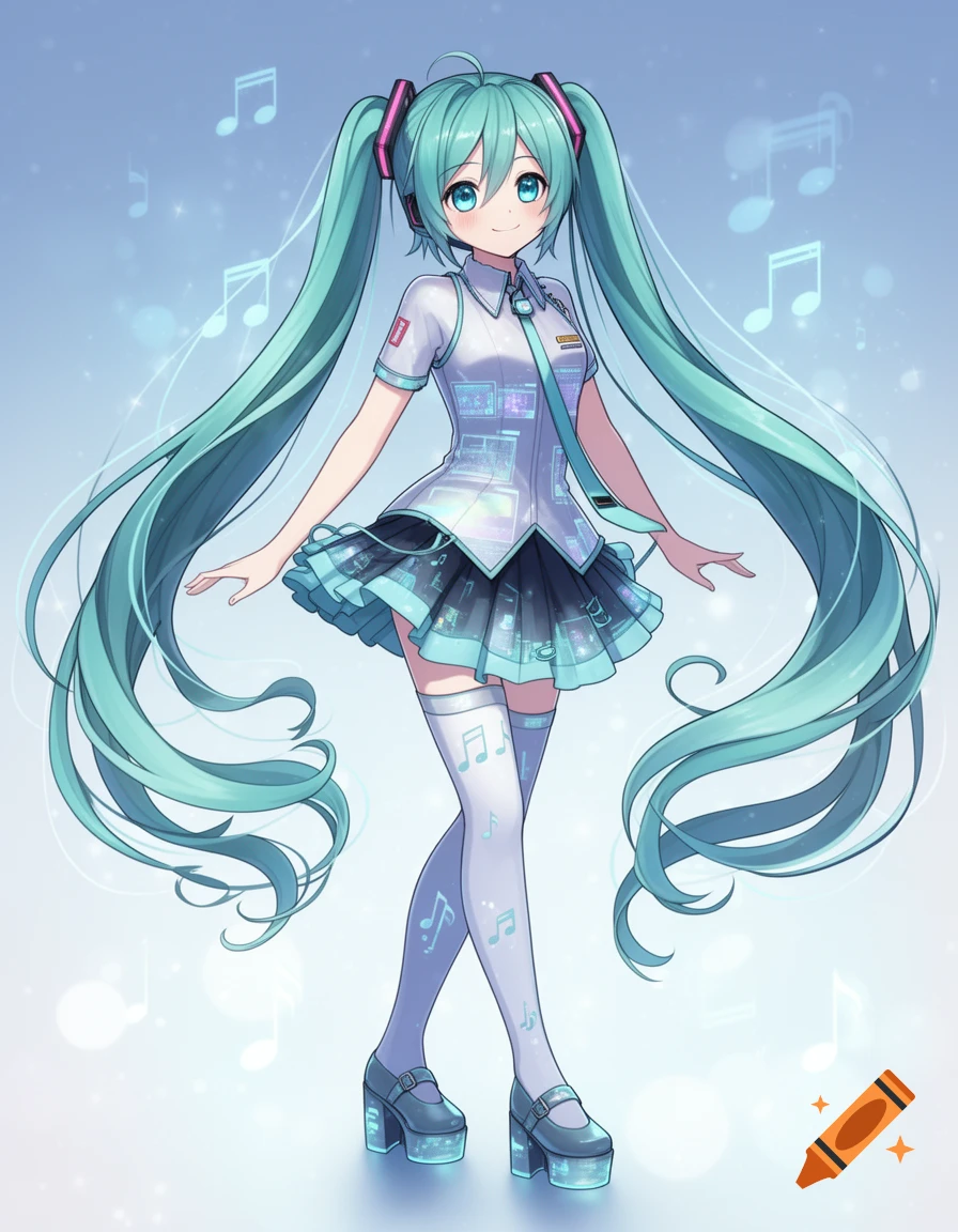 Anime illustration of Hatsune Miku smiling, with long teal pigtails, a white shirt with a "01" patch, a blue pleated skirt, and platform shoes, surrounded by floating musical notes.