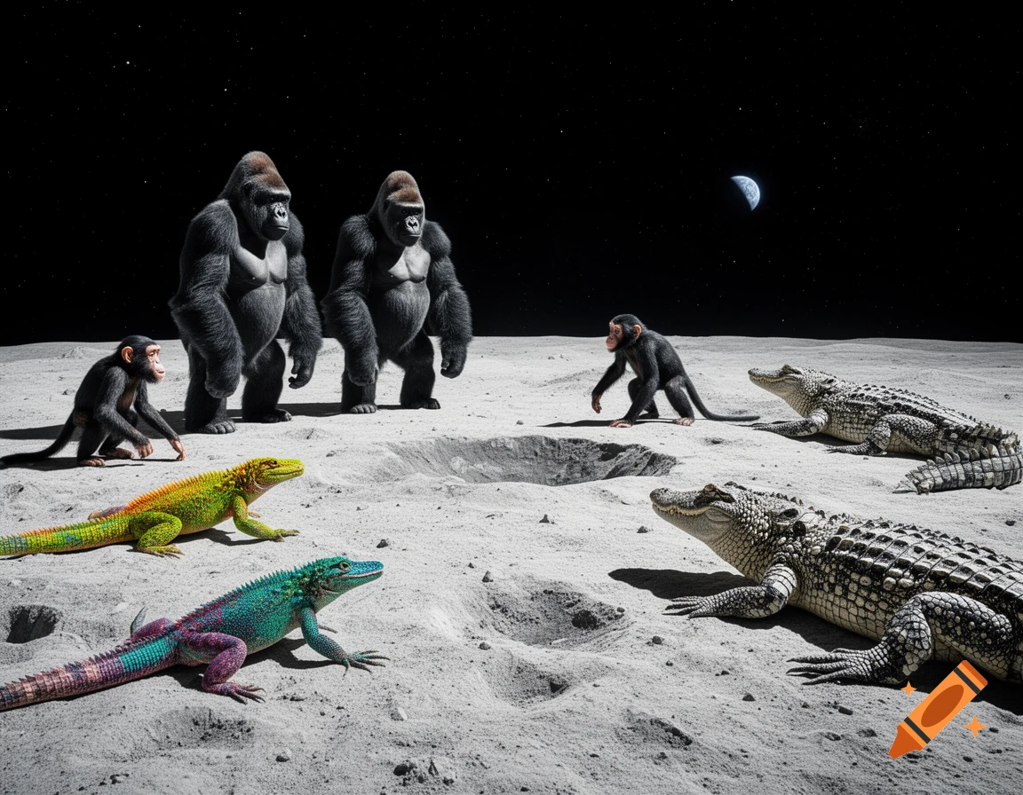 Two gorillas, a chimpanzee, two crocodiles, and two vibrant lizards stand on a cratered moon surface, under a dark, starry sky with a crescent Earth.