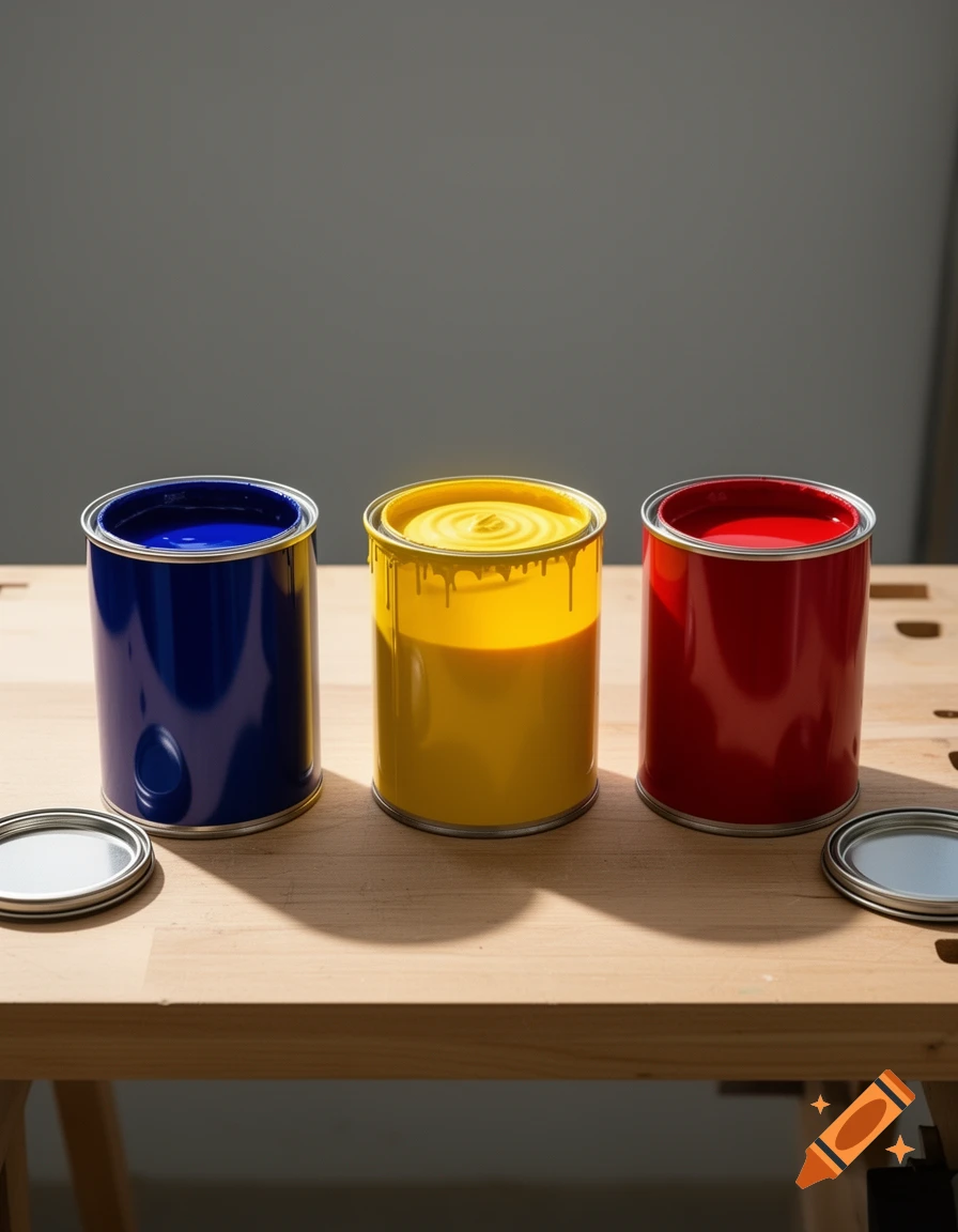 Three open paint cans, blue, yellow, and red, on a wooden workbench with their lids beside them. Photorealistic.