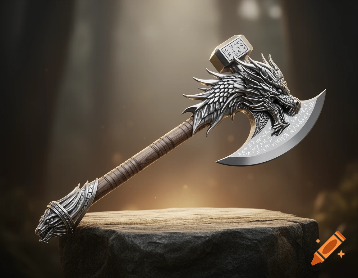 A detailed silver battle-axe with a dragon-head design and mystical runes, resting on a stone pedestal in a dramatic light.
