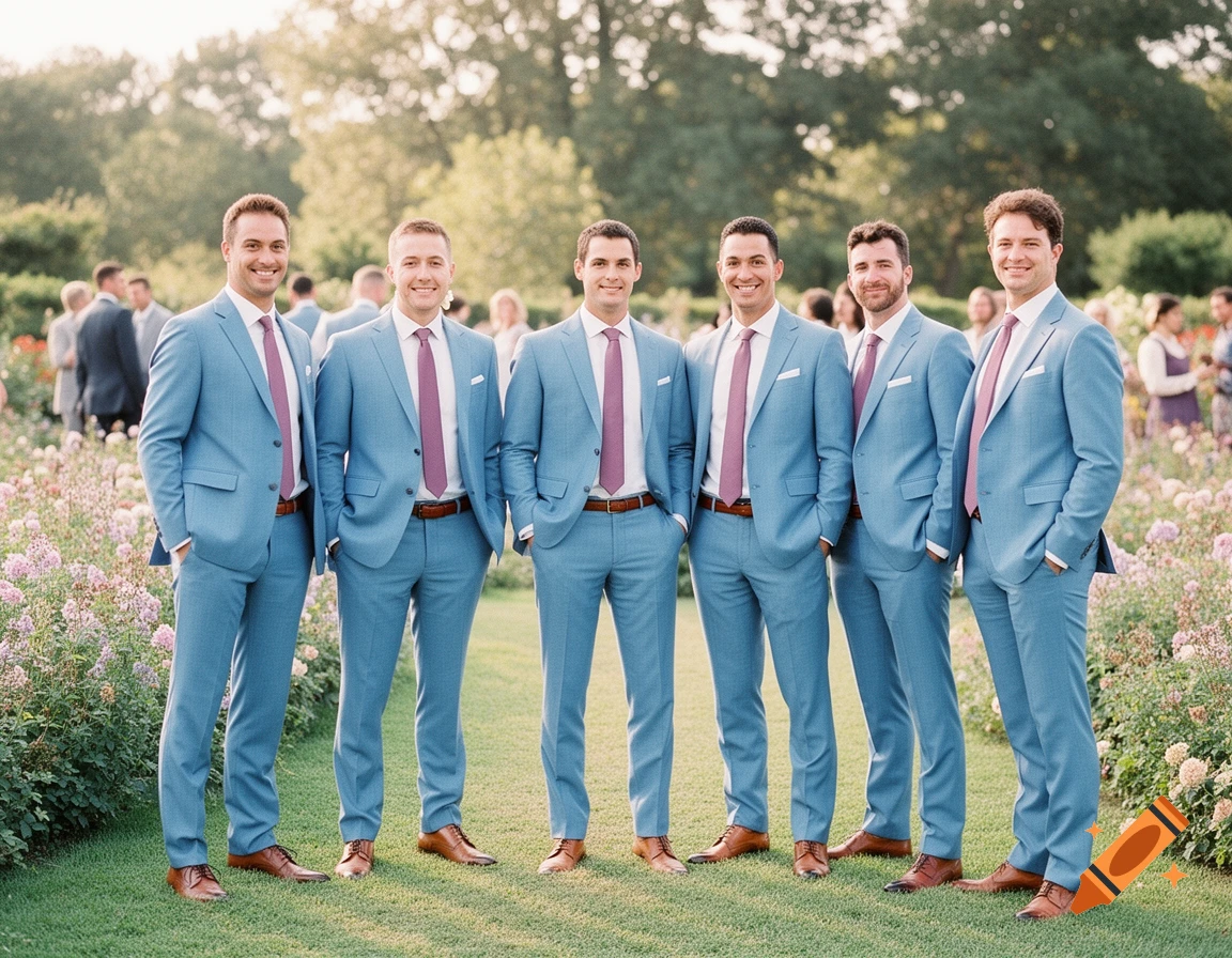 Six groomsmen in light blue suits, mauve ties, brown belts, and shoes, standing in a garden.