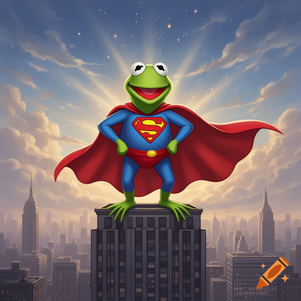 Kermit the Frog in a Superman costume stands heroically atop a skyscraper in a city, with a radiant sky behind him.