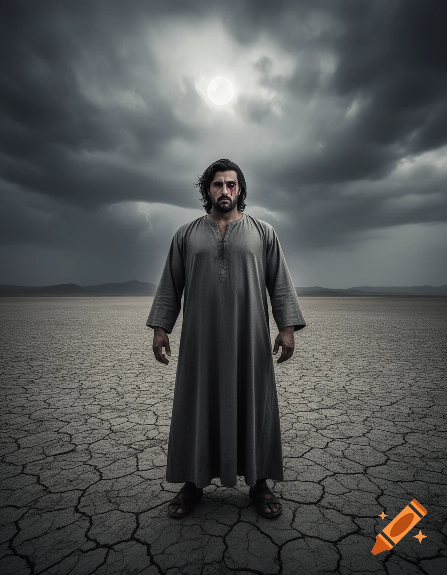 A man with a bruised eye and long hair stands in a cracked desert under a dramatic, cloudy sky with a full moon, in a photorealistic style.