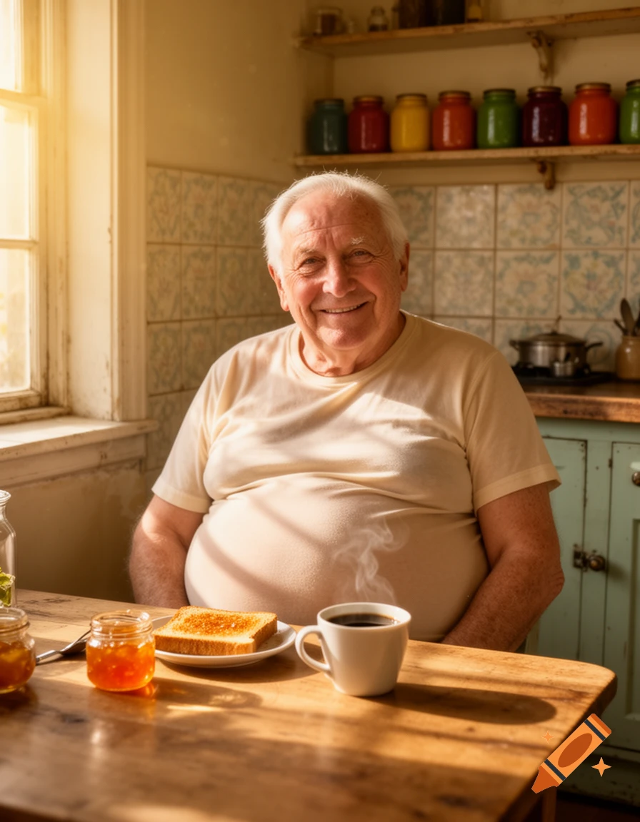 A smiling elderly man with white hair and a big belly sits at a kitchen table with toast, jam, and coffee, illuminated by sunlight from a window.