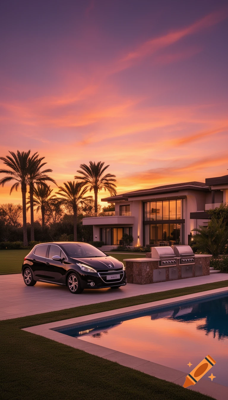 A black Peugeot car parked on a driveway in front of a modern luxurious villa with a swimming pool and palm trees at sunset. The sky is filled with orange, pink, and purple hues reflecting in the water.