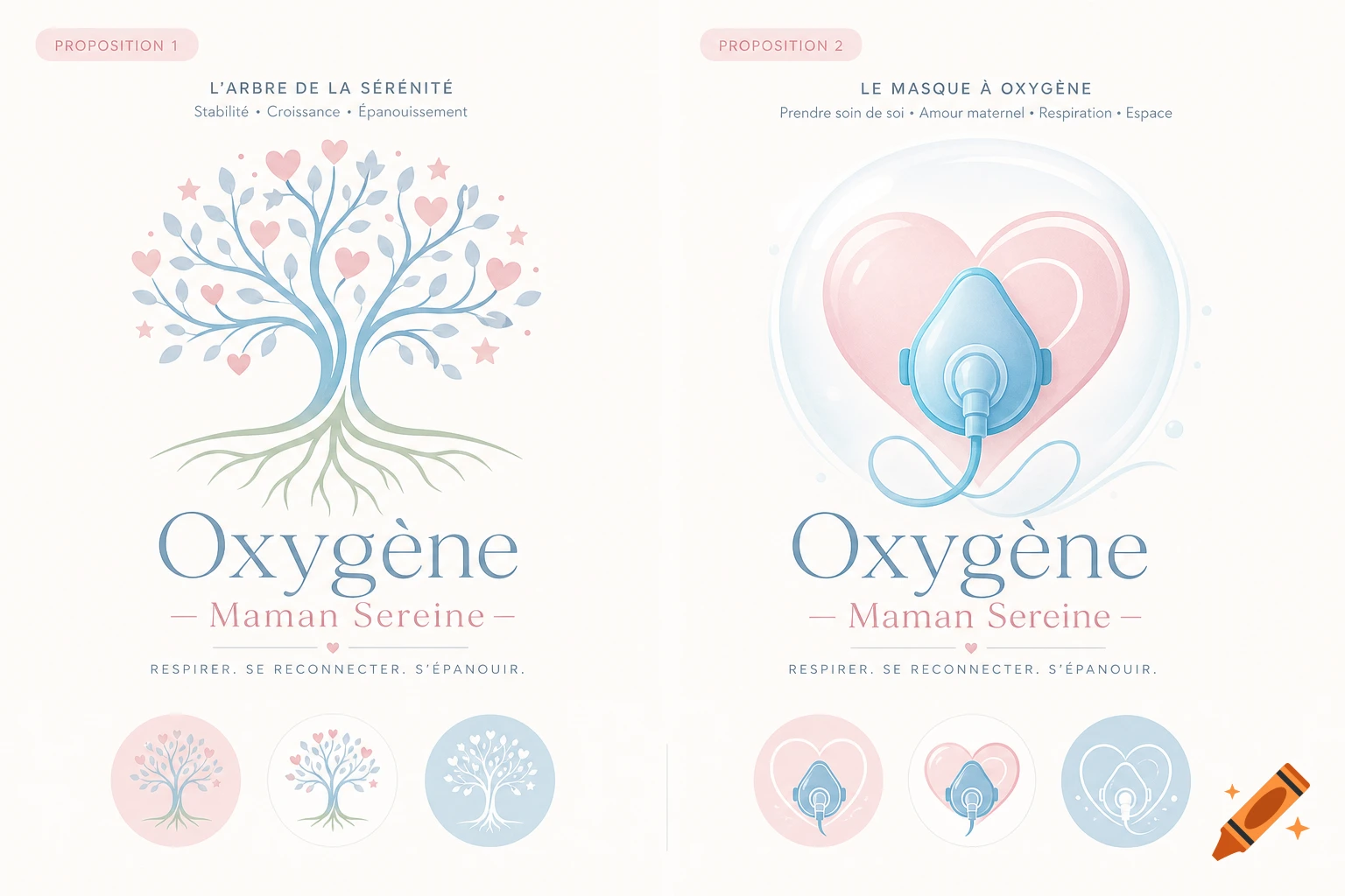 Two pastel illustrative logo concepts for 'Oxygène - Maman Sereine': a stylized tree with heart and star leaves, and an oxygen mask within a heart and bubble.