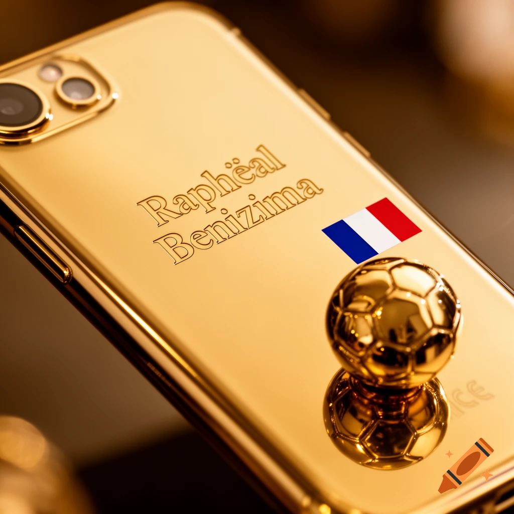 Close-up of a golden smartphone engraved with 'Raphëal Benizima', featuring a French flag and a golden soccer ball.