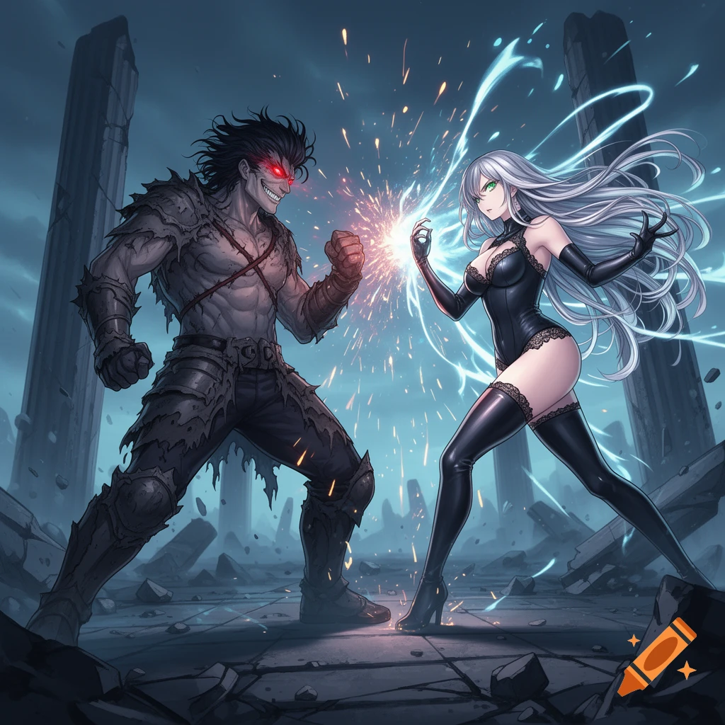 Two anime characters, a muscular male in dark armor and a silver-haired female in a black bodysuit, clash with energy blasts in a ruined city.