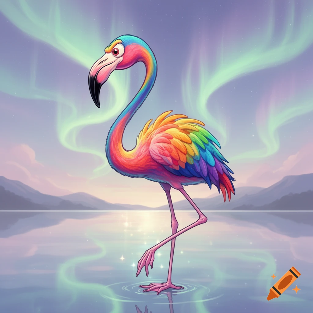 A cartoon flamingo with rainbow-colored feathers stands in shallow water under a sky with aurora borealis.