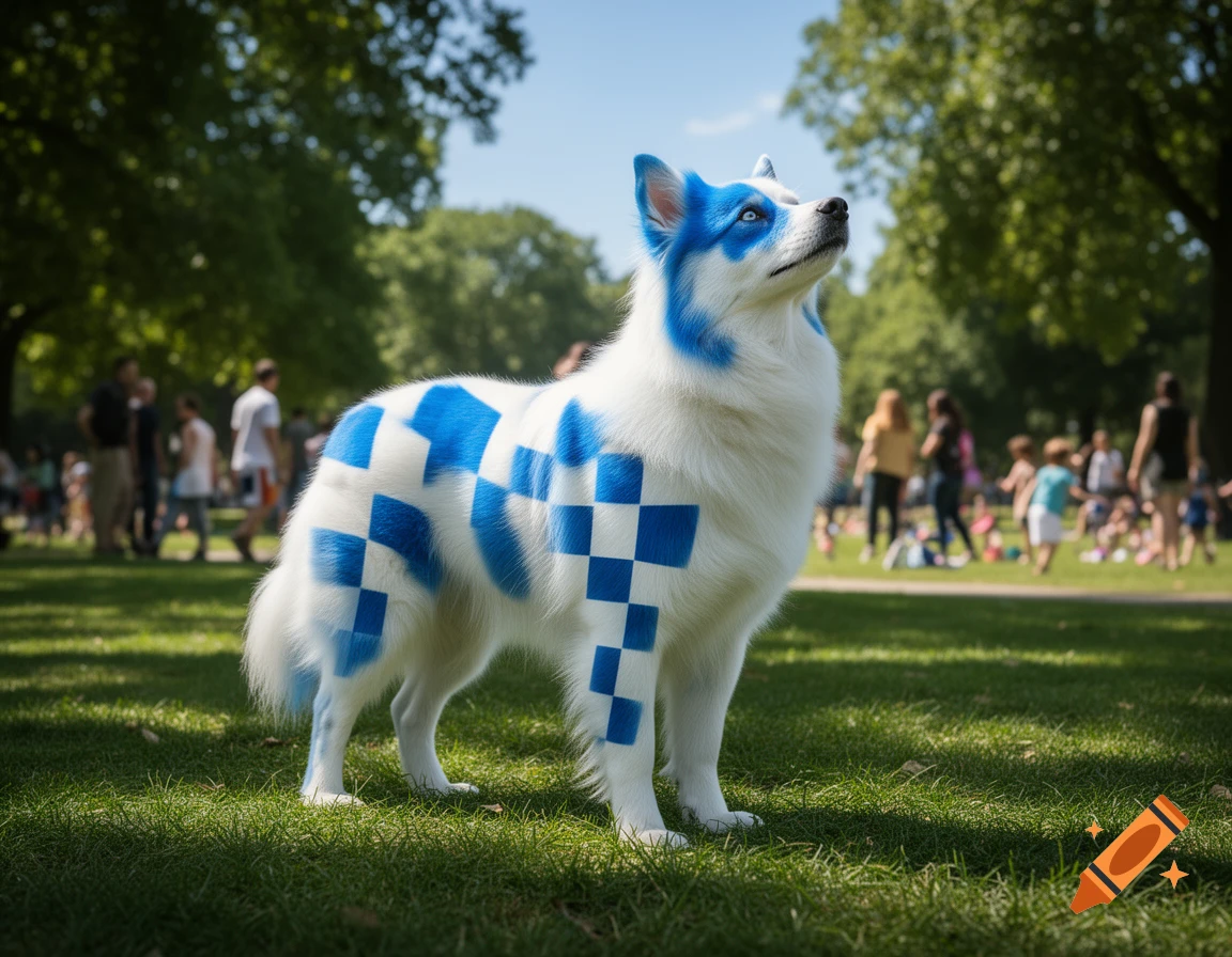 A white dog with blue checkered fur stands on green grass, looking up in a sunny park with people in the blurred background.