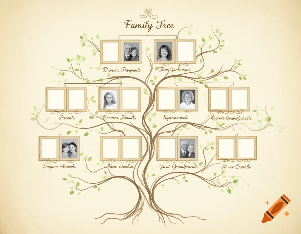 A stylized family tree on a light background, featuring brown branches with green leaves, and multiple golden frames for photos. Some frames contain placeholder photos of people, while others are empty. Labels like 'Family Tree,' 'Parents,' and 'Great Grandparents' are visible, along with some garbled names.