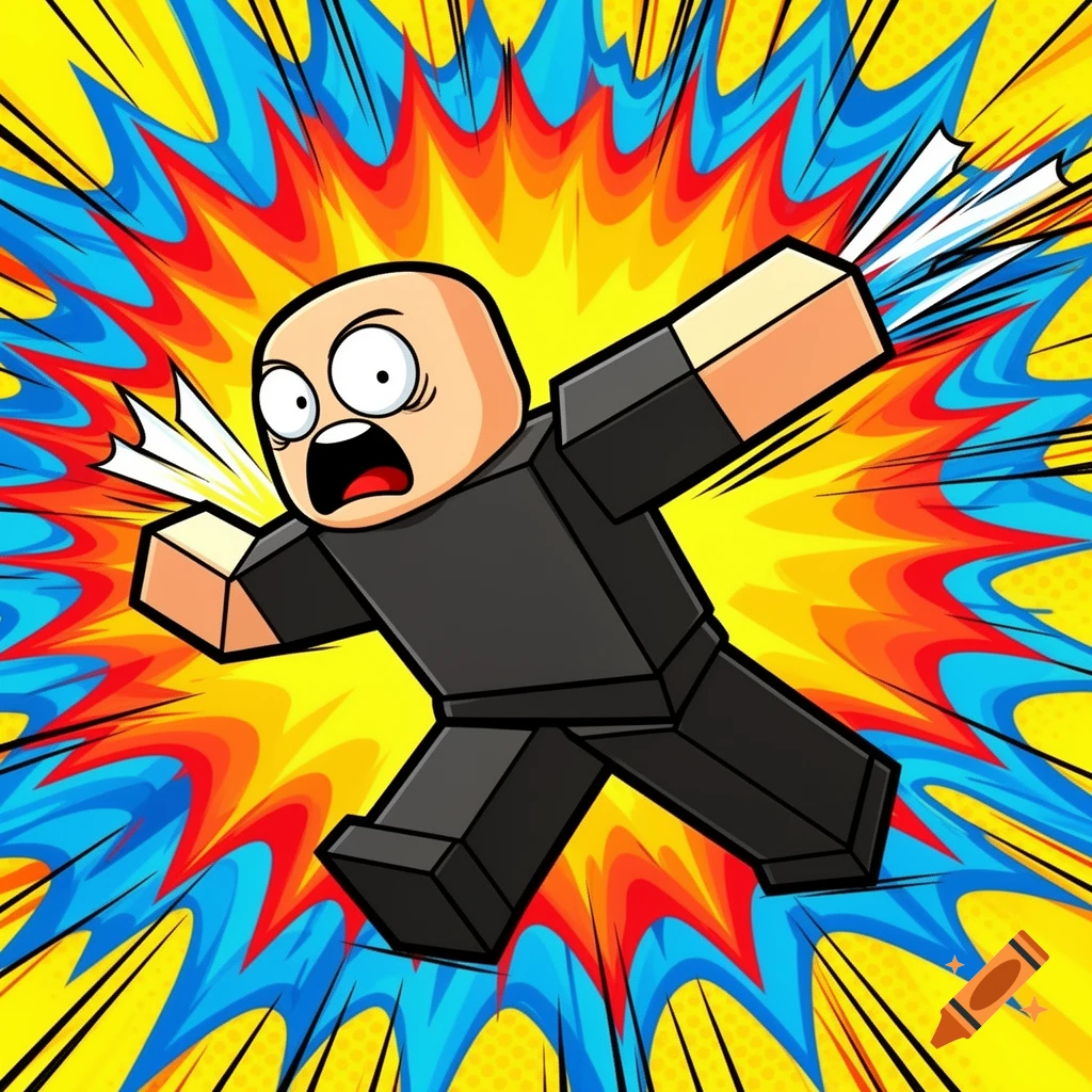 A scared Roblox noob character is slapped backward against a vibrant comic book explosion background in a cartoon style.