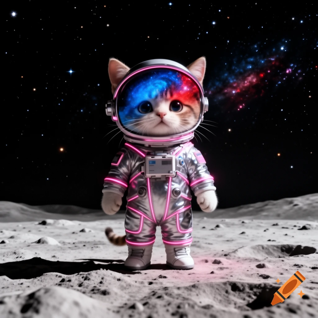 A cute cat in a shiny silver and pink astronaut suit stands on the moon, with a starry night sky and colorful nebula in the background.