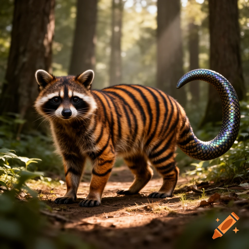 A photorealistic raccoon with a tiger-striped body and a iridescent snake-like tail stands on a dirt path in a sunlit forest.