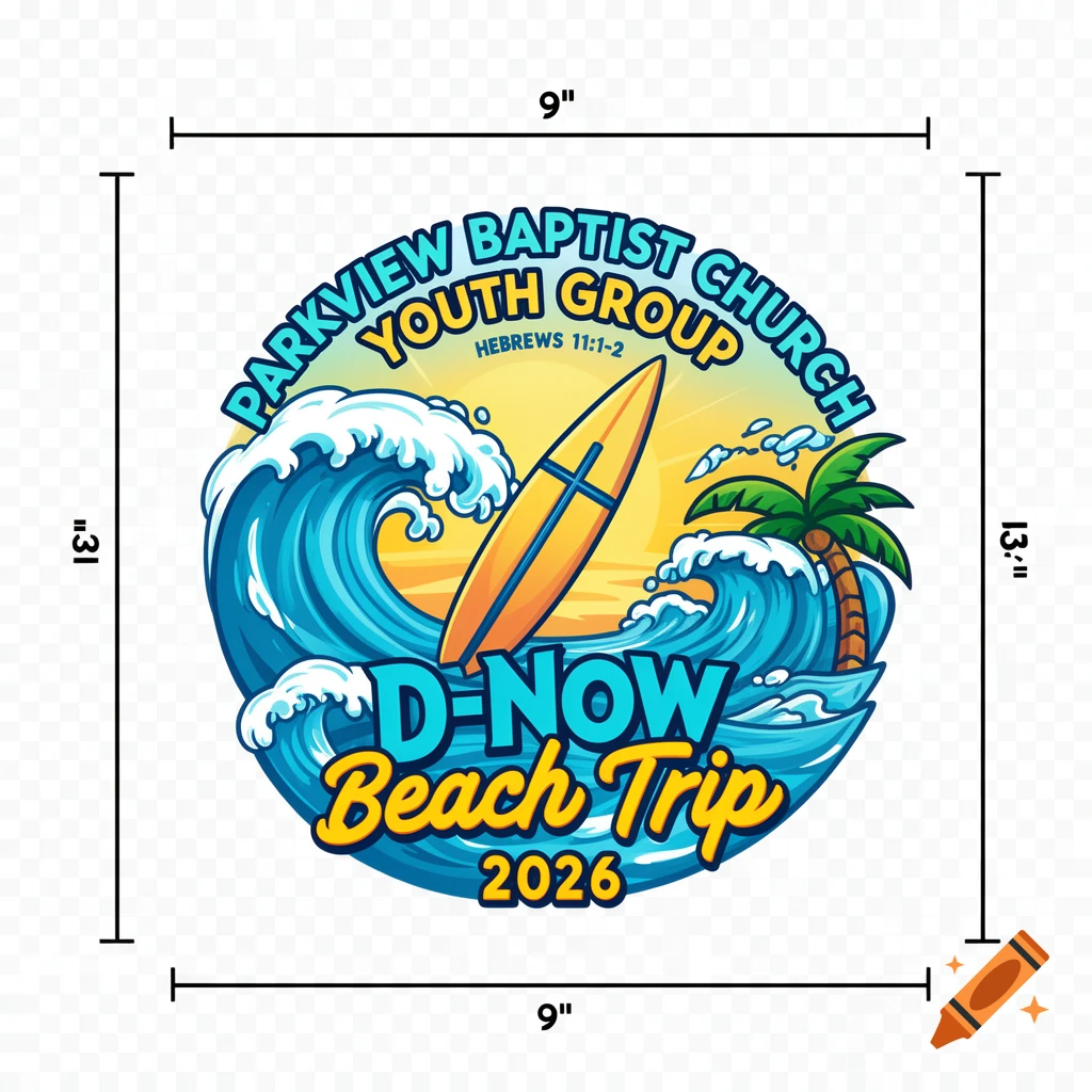 Colorful logo for Parkview Baptist Church Youth Group D-Now Beach Trip 2026, with waves, surfboard with a cross, palm tree, and sunset.