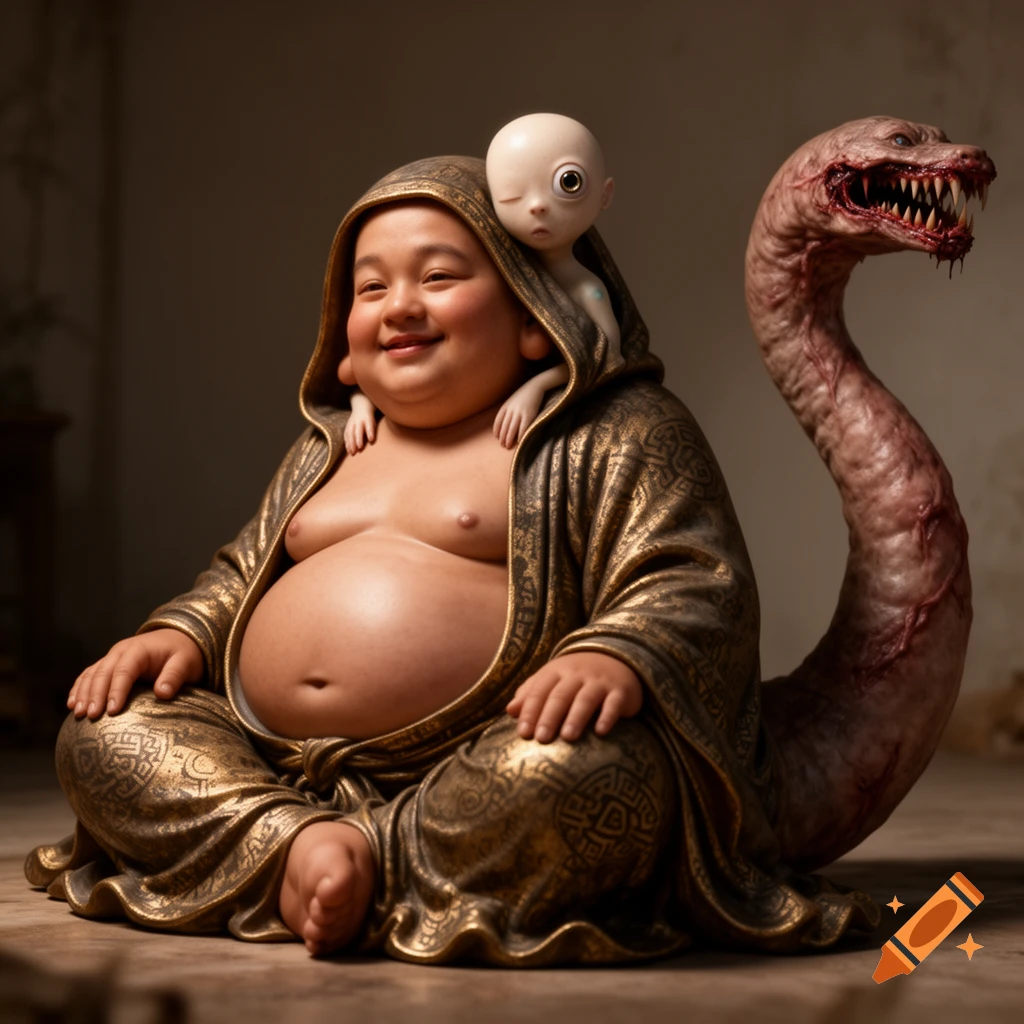A smiling Buddha figure in golden robes has a pale, one-eyed creature on its shoulder and a monstrous, toothy tail behind it.