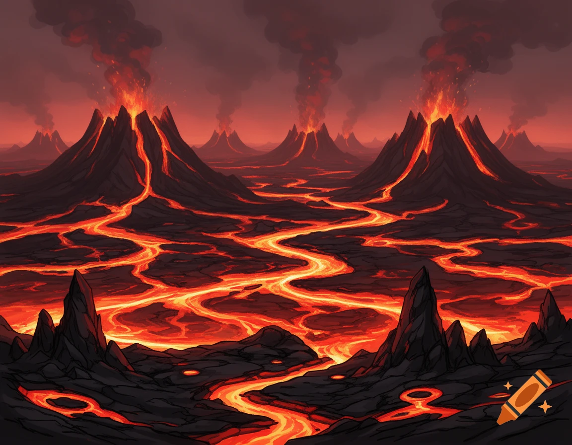 Digital drawing of a fiery volcanic landscape with multiple erupting volcanoes and glowing lava rivers under a smoky red sky.