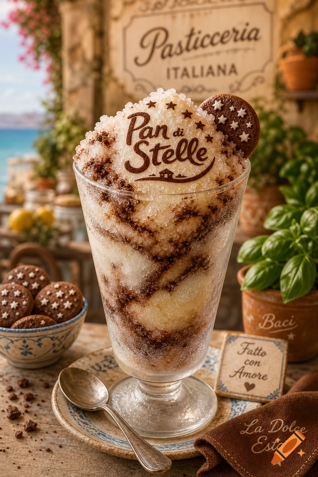 Photorealistic granita with chocolate swirls, a Pan di Stelle logo, and a star-decorated cookie, on a rustic table in an Italian pastry shop with a sea view.