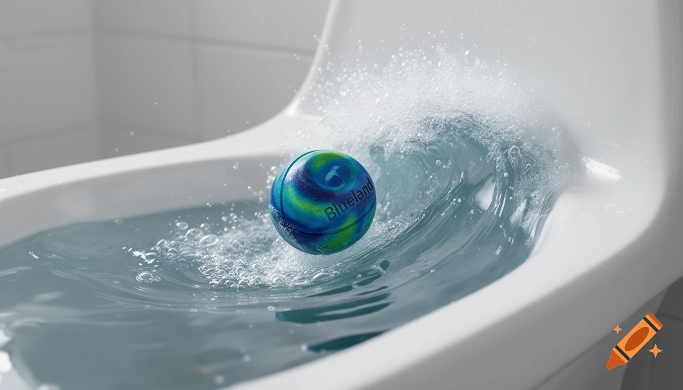 A blue and green Blueland tablet surfing on a wave of water in a white toilet bowl.