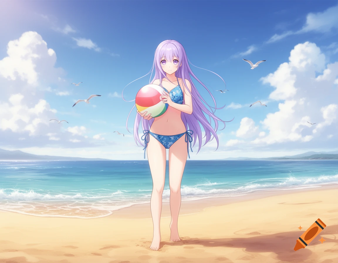 An anime girl with long purple hair in a blue floral bikini stands on a sandy beach, holding a colorful beach ball. The ocean and seagulls are in the background.