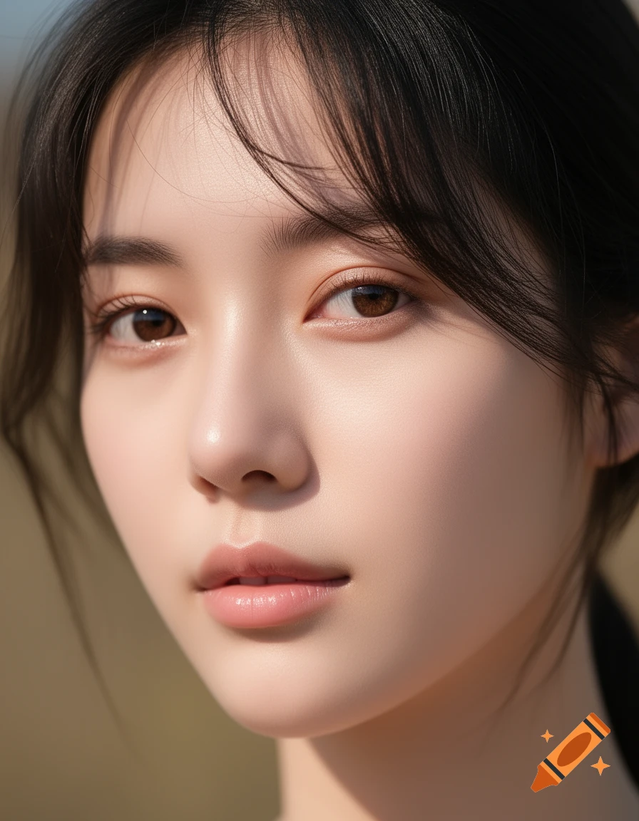 Close-up photorealistic portrait of a young woman with dark hair and brown eyes looking forward.