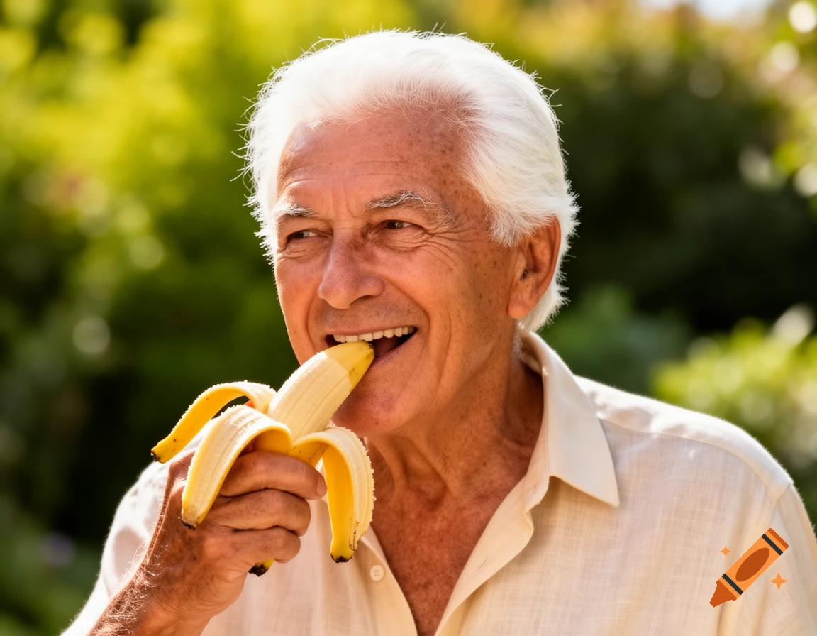 An elderly man with white hair smiles while biting into a half-peeled banana outdoors.