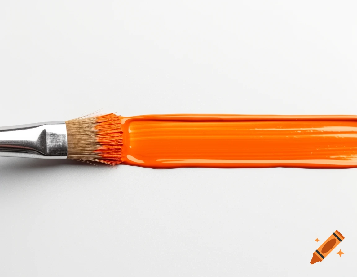 A close-up, top-down view of a paintbrush with a silver ferrule and brown bristles, creating a long, vibrant orange paint streak on a white surface.