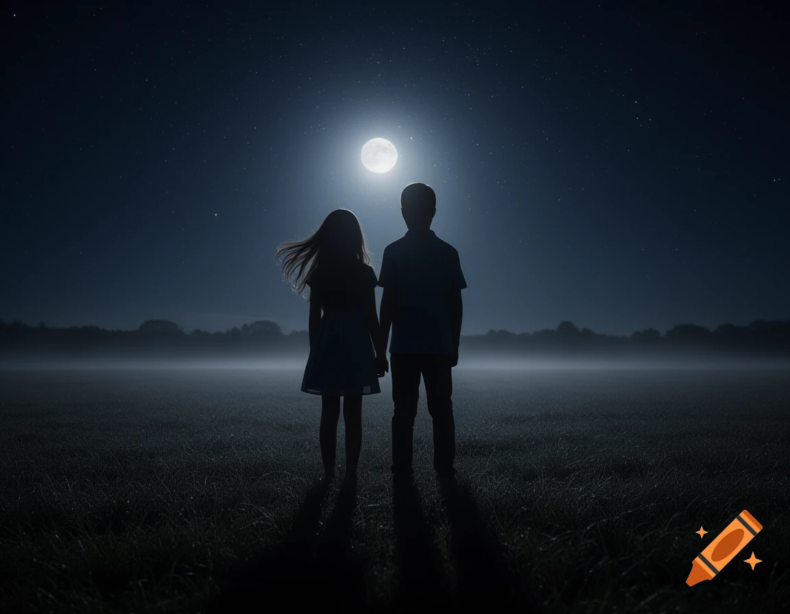 Two silhouetted children stand in a dark field at night, looking up at a bright full moon and starry sky.