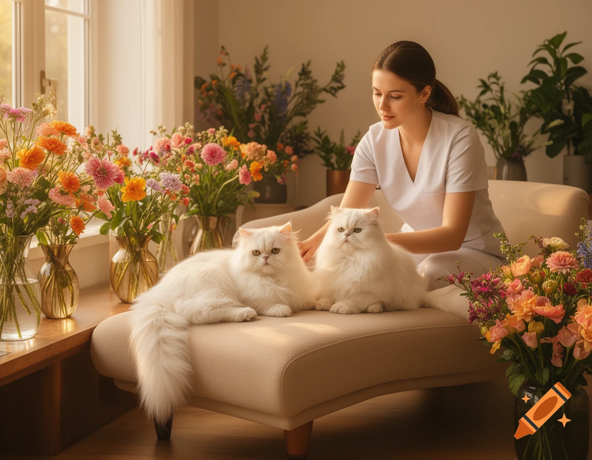 A woman gently interacts with two fluffy white Persian cats on a couch amidst numerous colorful floral arrangements in a sunny room.