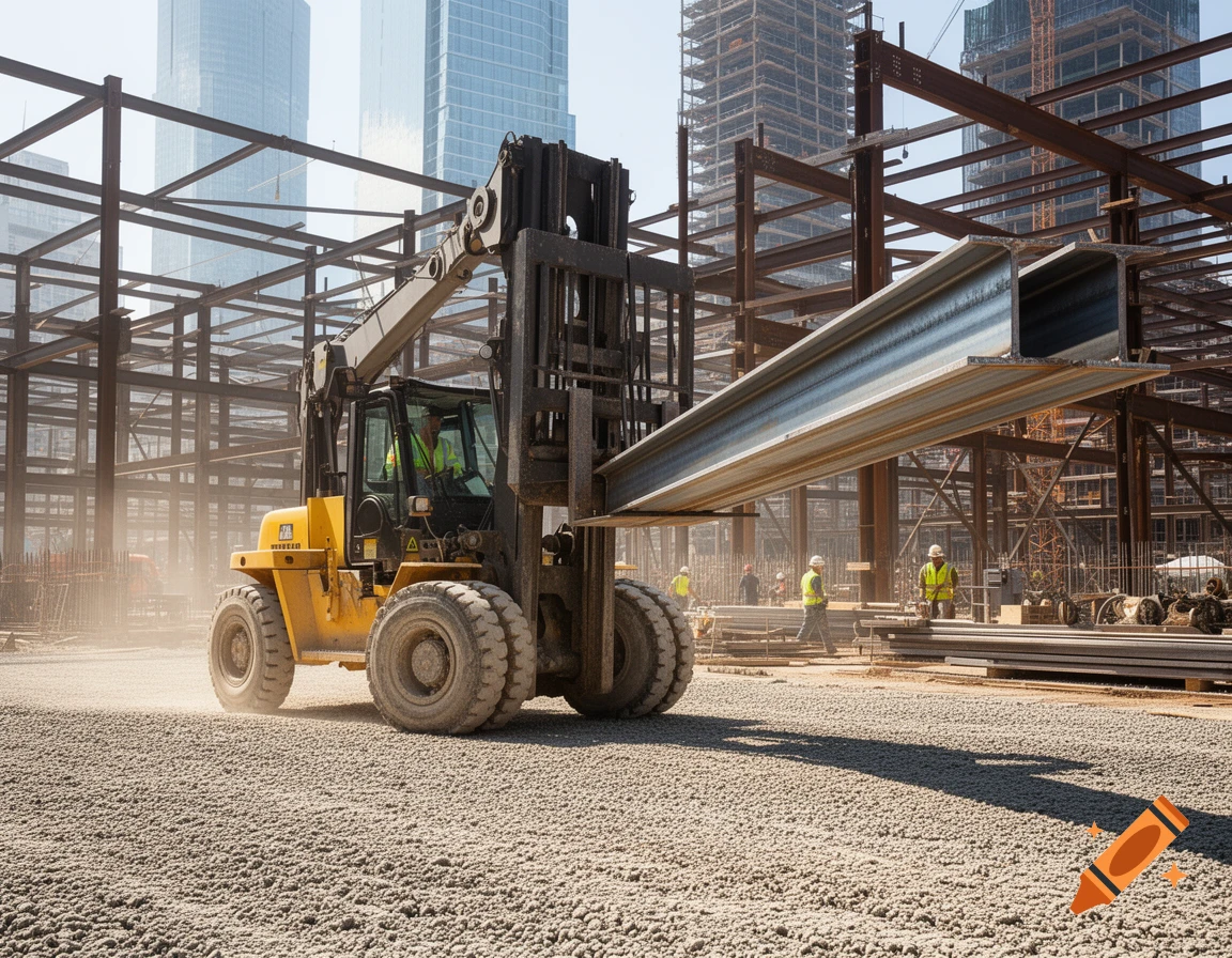 Photorealistic image of a yellow forklift with a jib carrying a large metal I-beam across a gravel construction site, with workers and partially built steel structures in the background under a clear sky.