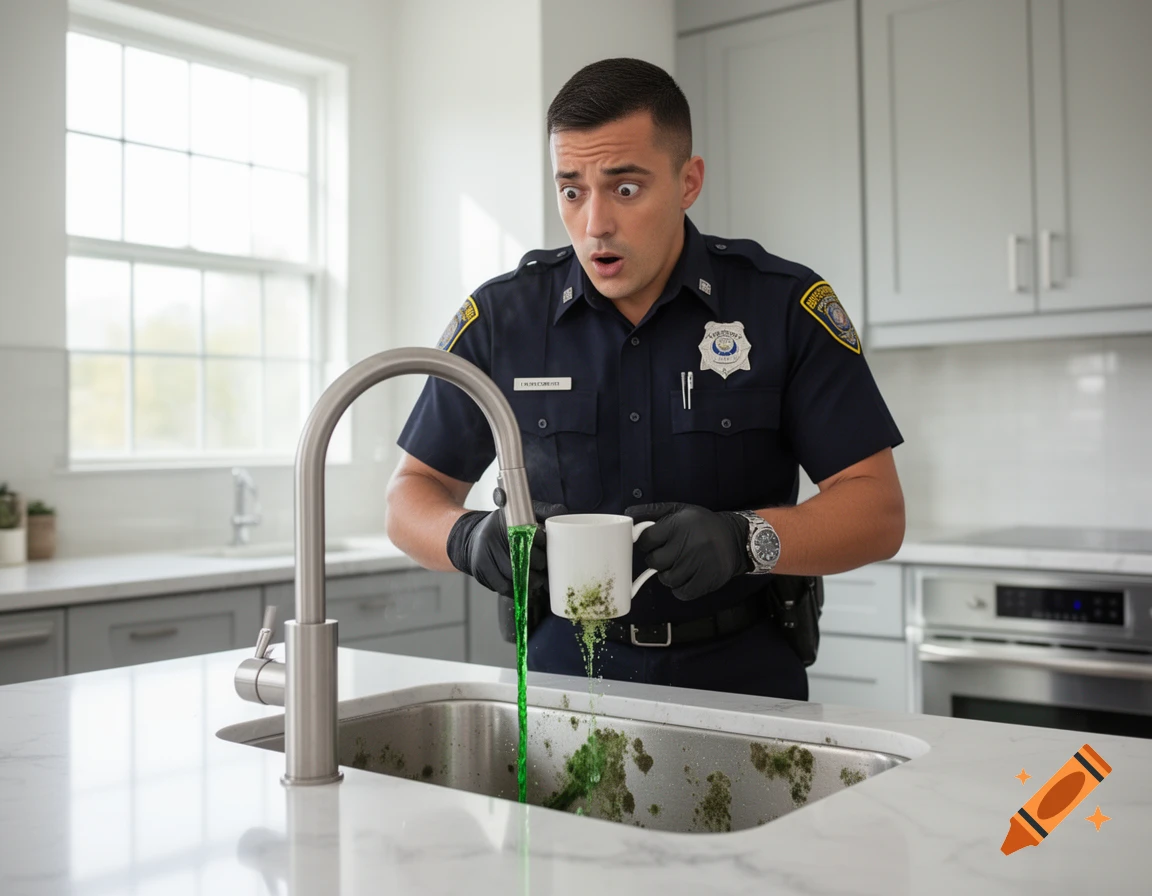A surprised police officer in a kitchen sink holds a mug filled with bright green, moldy water spilling into the dirty sink.