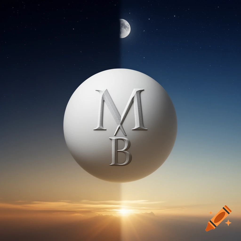 A white sphere with a stylized 'M' and 'B' floats between a starry night sky with a moon and a sunrise sky with clouds.