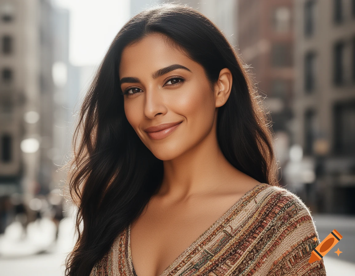 A photorealistic portrait of a smiling woman with long dark hair, wearing a patterned top, in an urban setting.