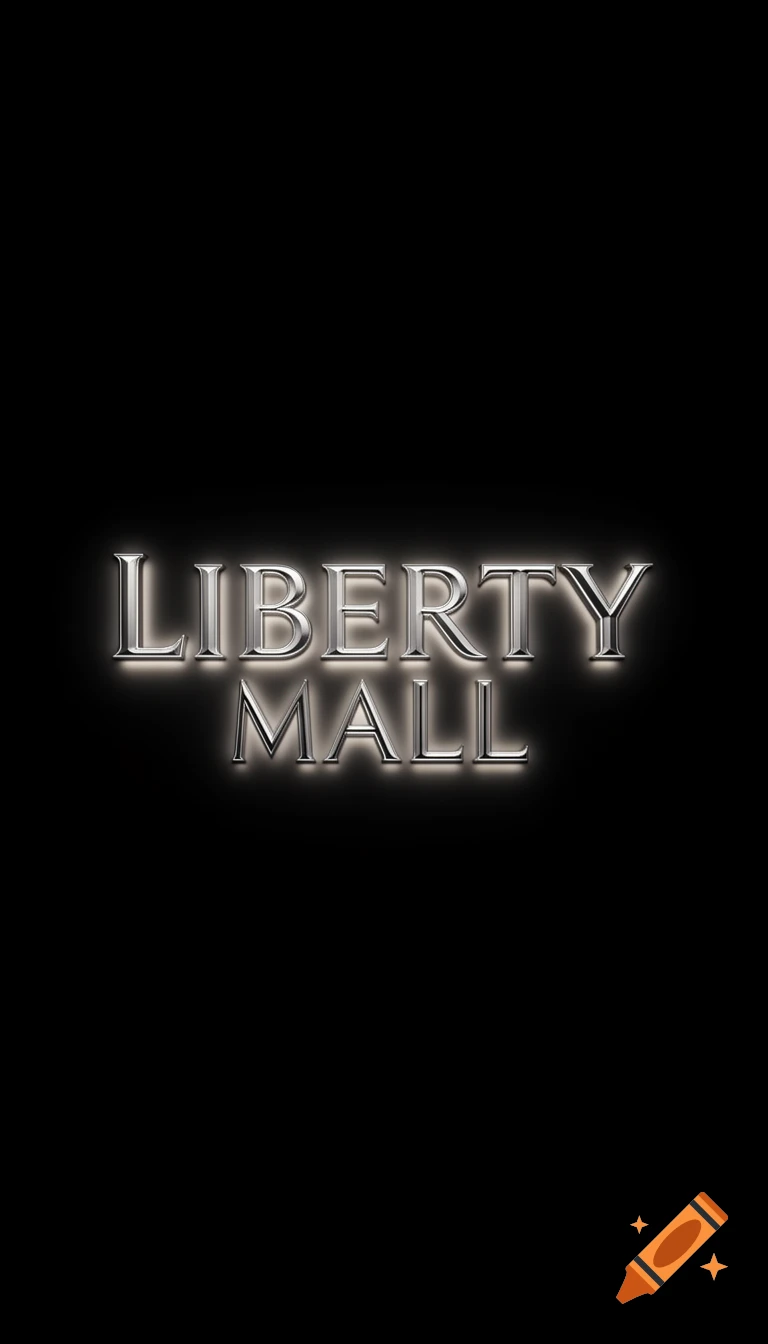 The words "LIBERTY MALL" in shiny, metallic 3D letters with a subtle glow, set against a pure black background.