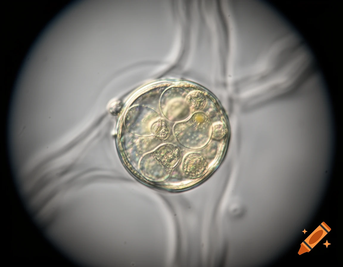 A close-up, circular microscopic view of a translucent single-celled organism with intricate internal structures.