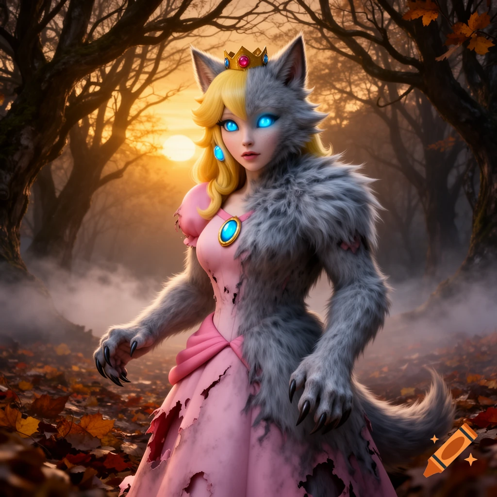 Princess Peach as a werewolf in a dark, foggy forest with a sunset glow, her pink dress torn, with fur, claws, and glowing blue eyes.