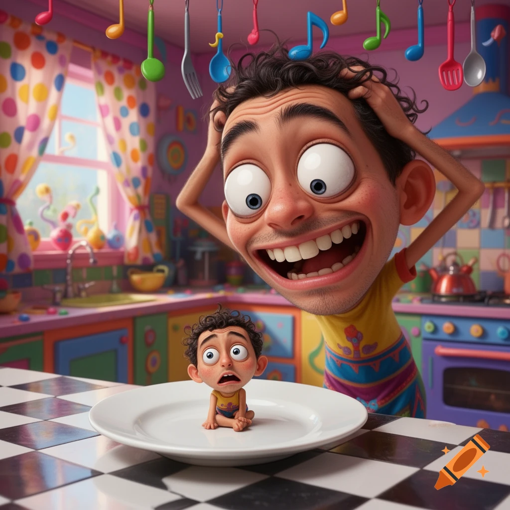 A wide-eyed, exaggerated cartoon man stares in horror at a tiny version of himself sitting on a plate in a colorful kitchen.