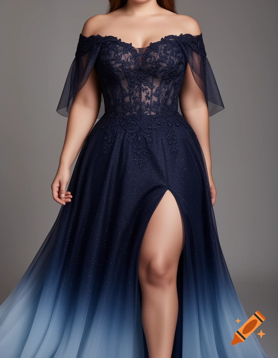 A woman models a shimmering dark blue off-shoulder gown featuring an embroidered bodice, a high leg slit, and a flowing skirt that gradients to a lighter blue.