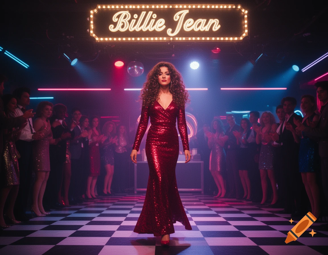 A woman in a sparkling red dress walks on a black and white checkered floor in a neon-lit club, under a "Billie Jean" sign.