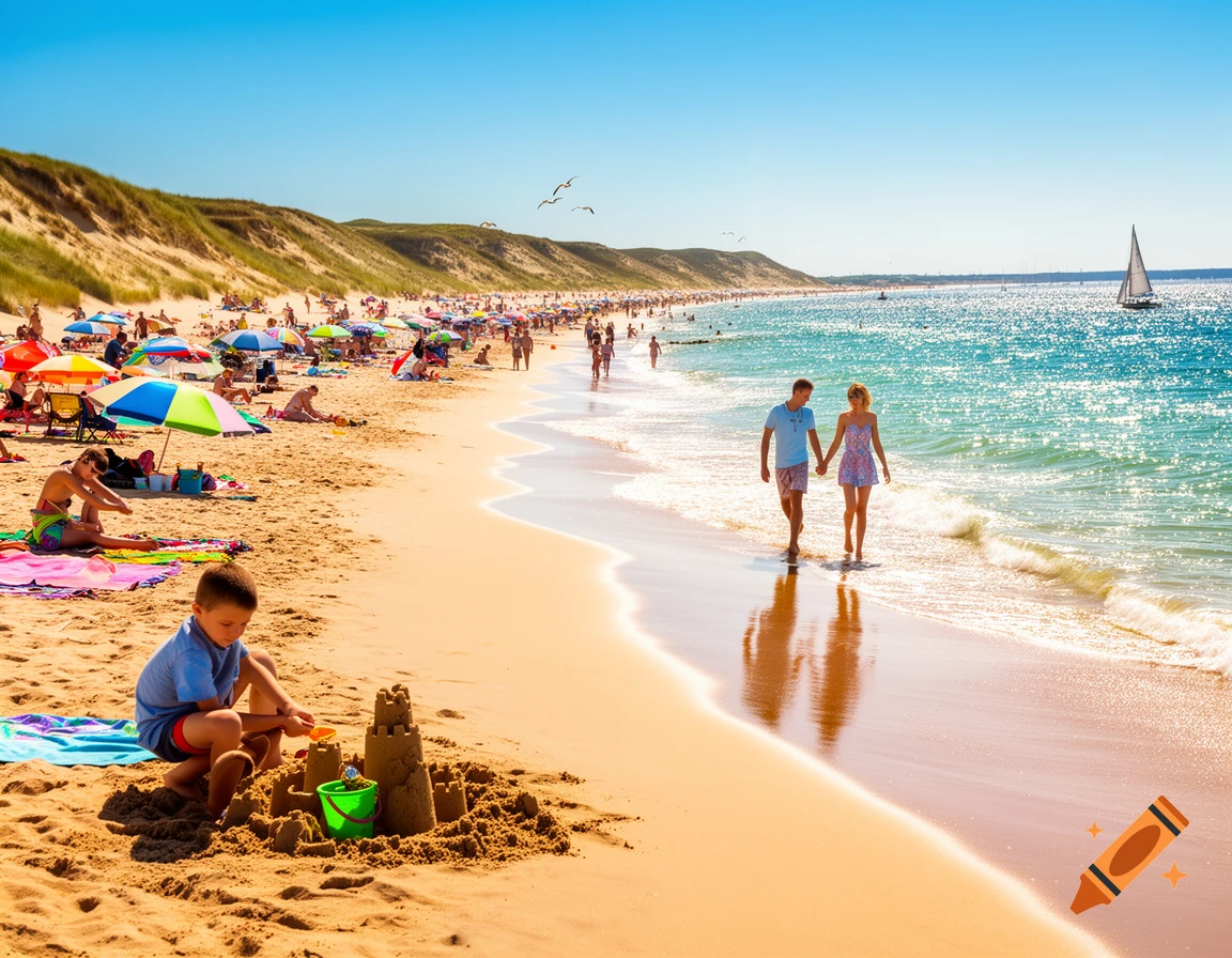 A sunny, crowded beach scene with a boy building a sandcastle, a couple walking along the shoreline, and many people relaxing.