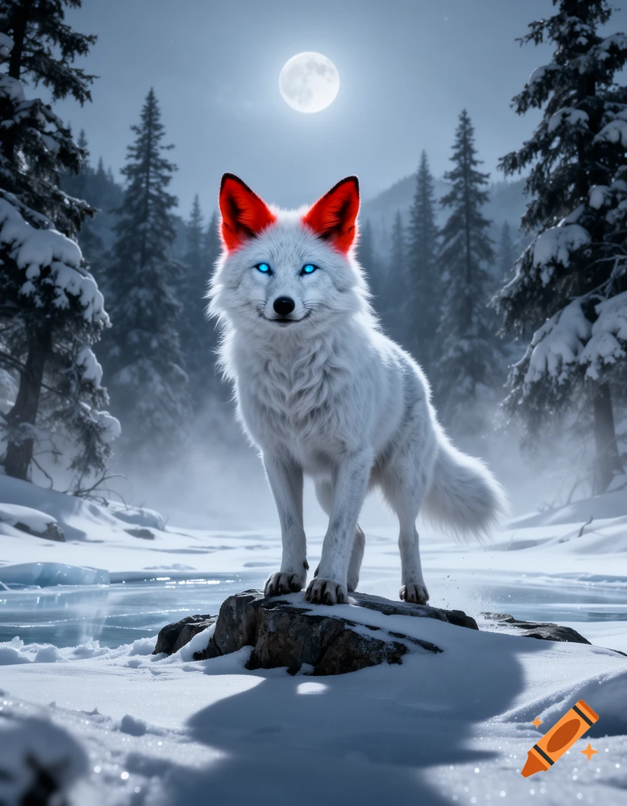 A white fox-like creature with glowing blue eyes and red ears stands on a snow-covered rock in a frozen forest under a full moon.